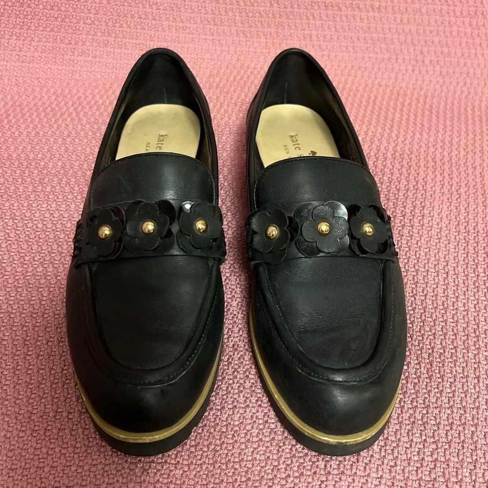 Kate Spade Karisa Black Leather Loafers, black floral/gold accent 7 1/2